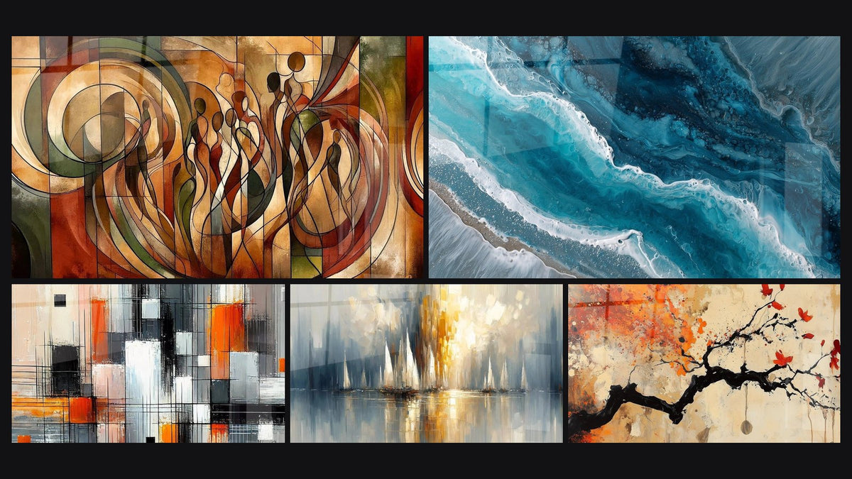 Mosaico de cinco cuadros, entre ellos Danza de Siluetas, Mecánica de Colores y Aurora sobre la Bahía