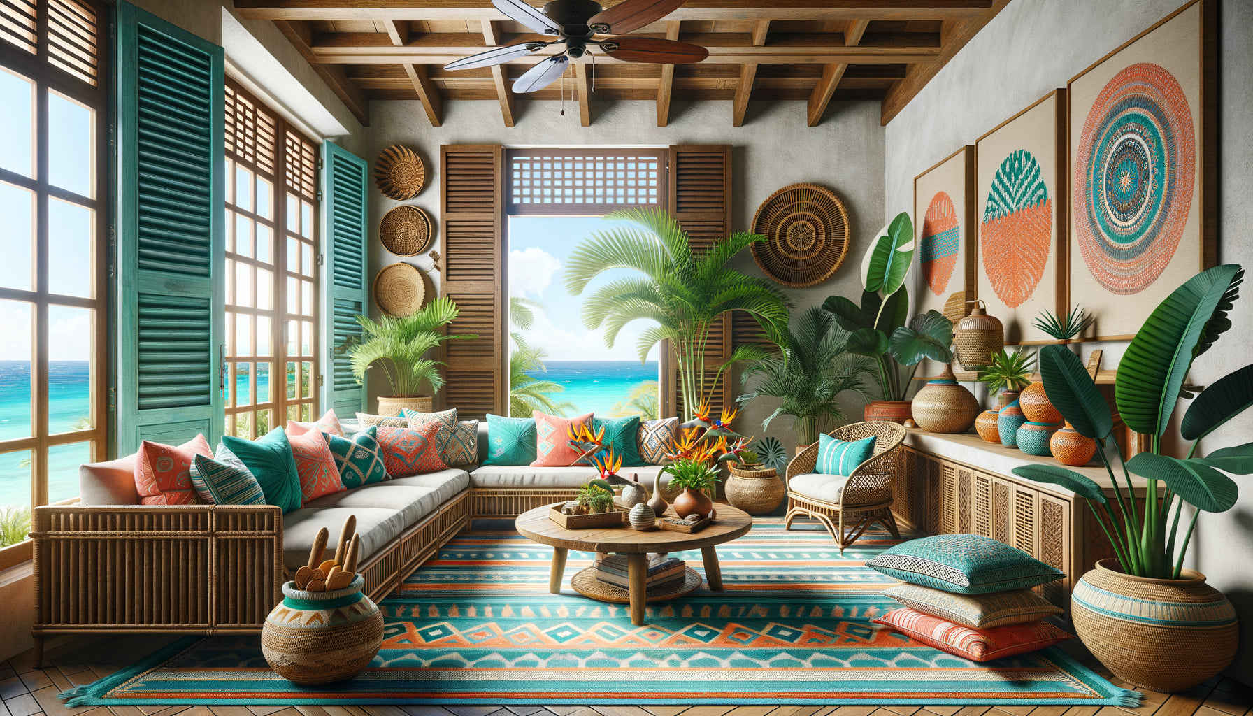 Intérieur contemporain tropical aux couleurs vives avec décoration créole authentique et mobilier moderne adapté au marché ultramarin