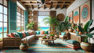 Intérieur contemporain tropical aux couleurs vives avec décoration créole authentique et mobilier moderne adapté au marché ultramarin
