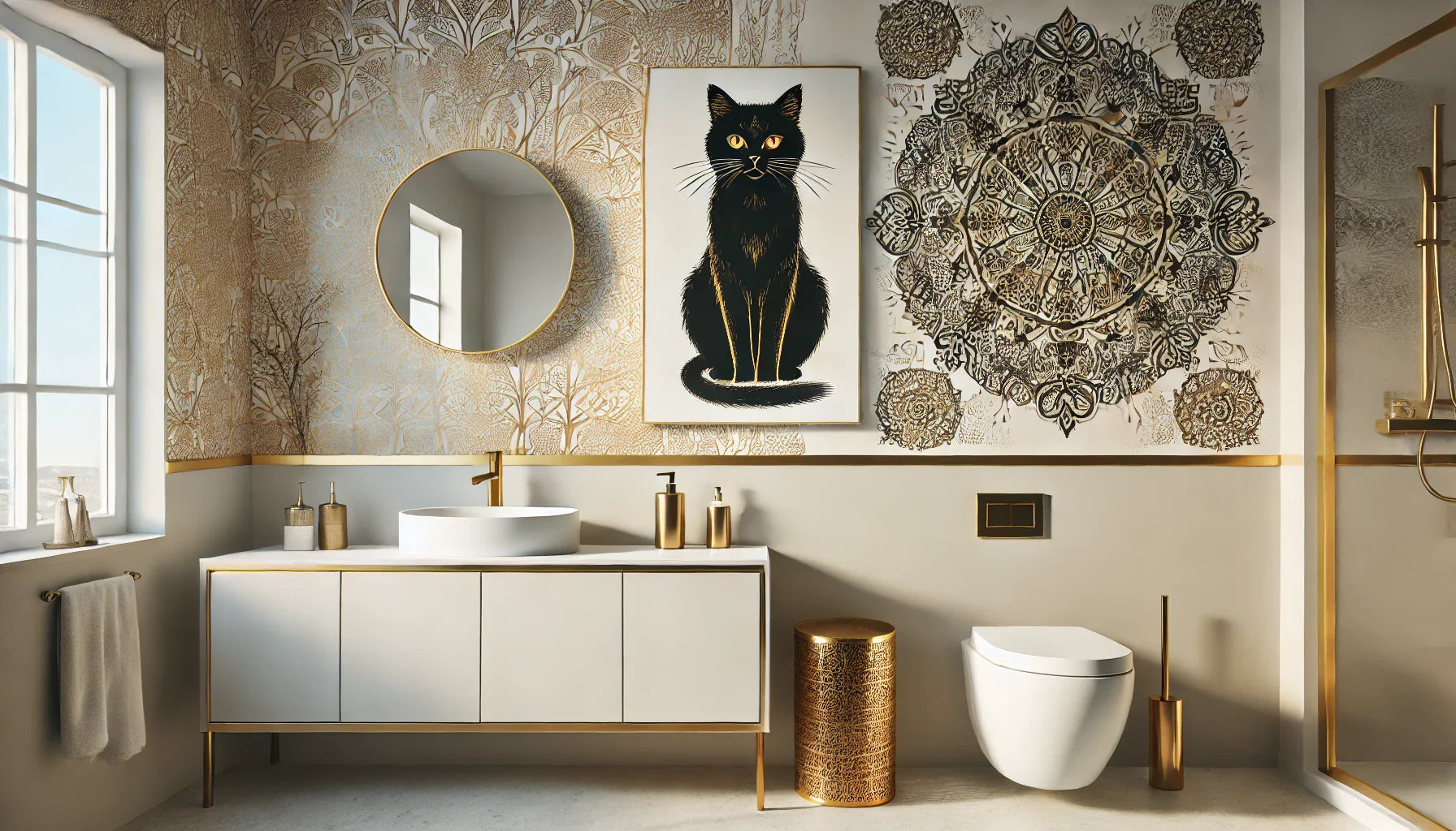 Tableau chat noir et blanc dans une salle de bain épurée, associé à des meubles modernes et des accessoires élégants.