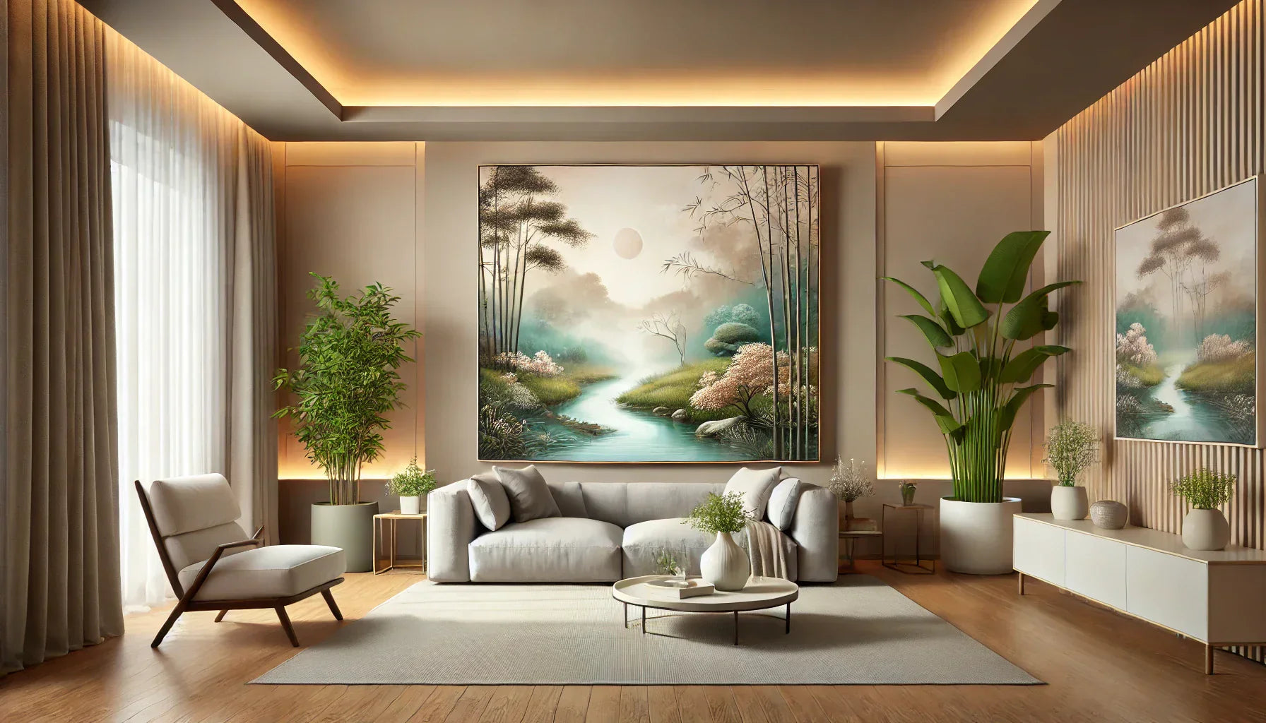 Illustration d’un intérieur apaisant avec une décoration murale zen, mettant en scène un tableau minimaliste et une fresque murale végétale, créant une ambiance sereine et équilibrée.