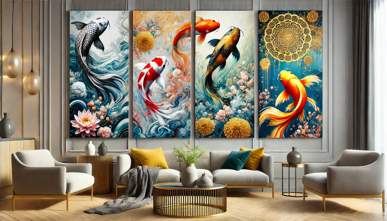 Une composition horizontale regroupant quatre tableaux poissons colorés et artistiques, chacun offrant un design unique et captivant, idéal pour dynamiser un salon avec une ambiance maritime élégante