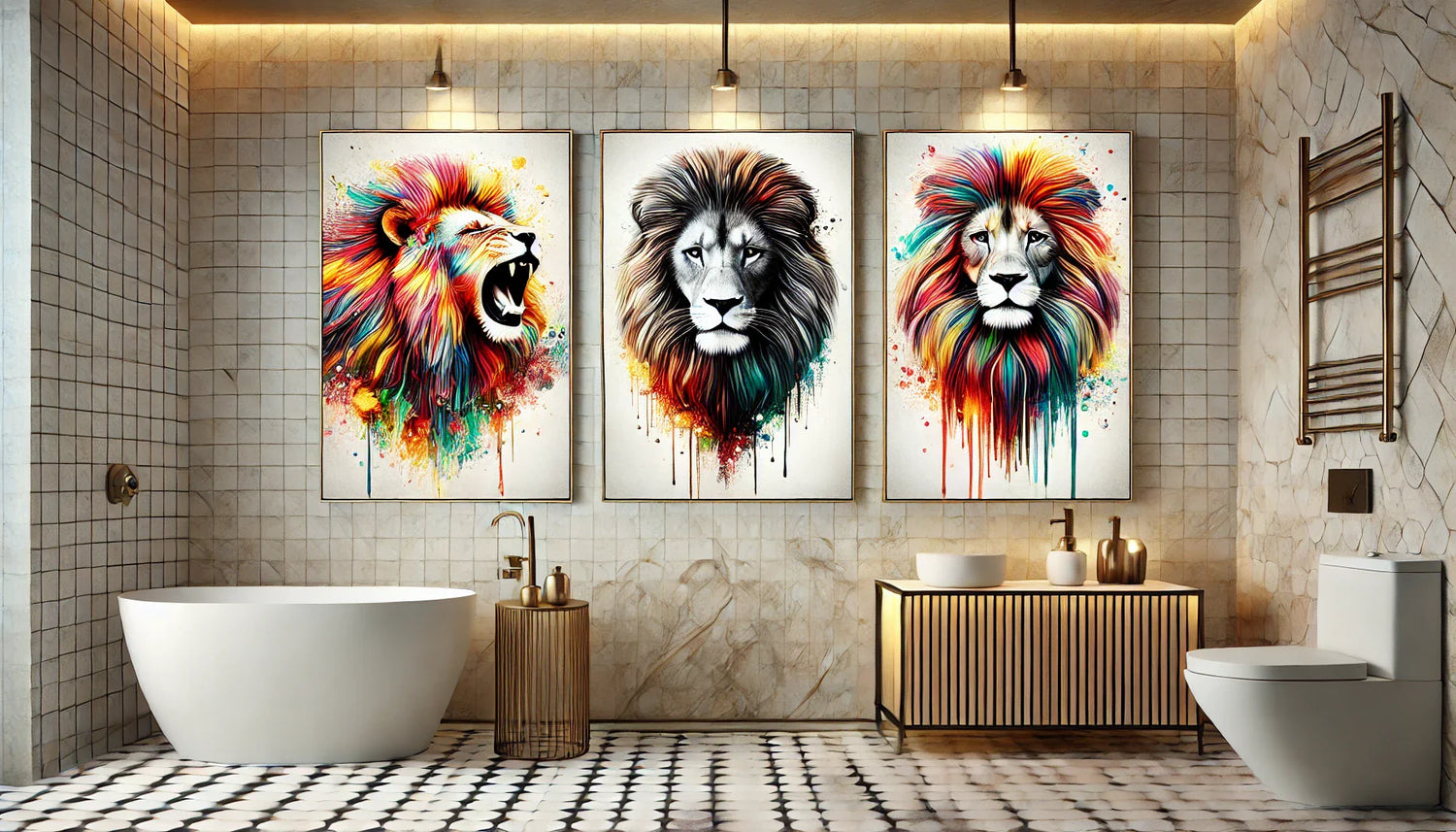 Composition horizontale présentant quatre tableaux lion uniques : un tableau vibrant multicolore, un lion artistique contemporain aux tons doux et neutres, un lion aux teintes arc-en-ciel audacieuses, et un lion aux nuances naturelles chaleureuses. Le tou