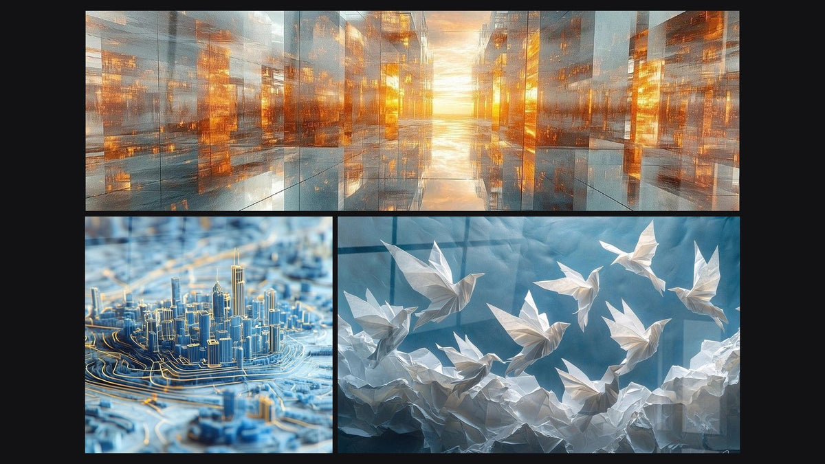 Mosaïque de trois tableaux : Métropole âme de cuivre, Ville Rêve d'acier bleu et Origami Danse de papier