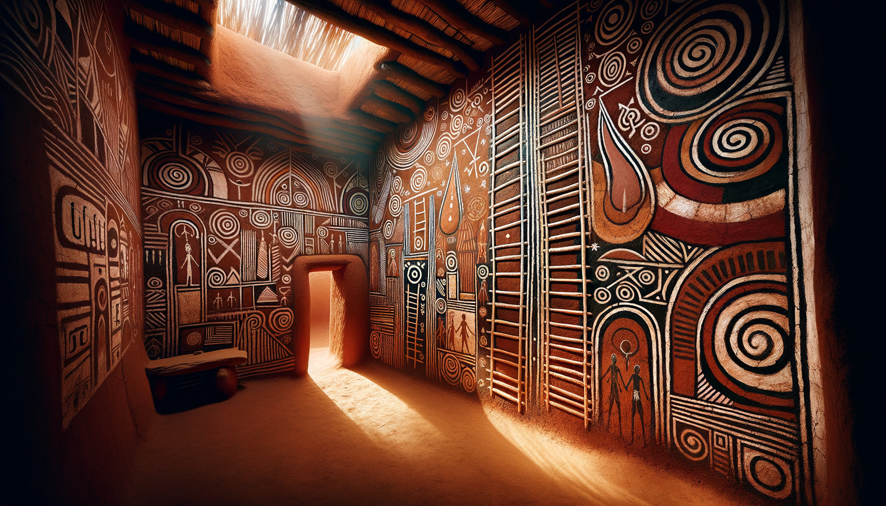 Peinture murale traditionnelle dogon représentant des échelles symboliques cosmiques dans un sanctuaire sacré au Mali