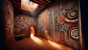 Peinture murale traditionnelle dogon représentant des échelles symboliques cosmiques dans un sanctuaire sacré au Mali