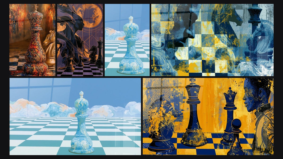 Mosaïque de six tableaux, dont Roi et cavalier ornés sur échiquier et Silhouette violette et dorée sur échiquier