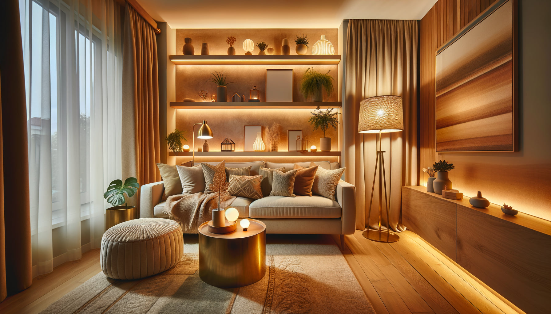 Intérieur Airbnb chaleureux avec éclairage multicouche et ambiance accueillante, design contemporain de location saisonnière