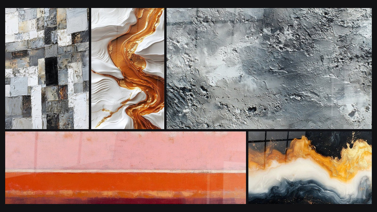 Mosaic of five paintings, including Abstract Gray and White Mosaic, Eternal Golden Tide and Textured silver-gray abstract