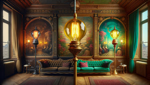 Comparaison d'un tableau mural d'hôtel Belle Époque sous éclairage au gaz sombre versus éclairage électrique révélant des couleurs vives et saturées
