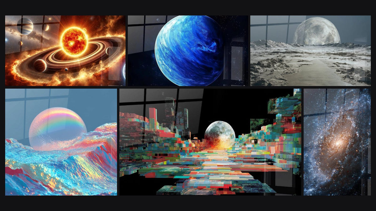 Mosaïque de six tableaux, dont Danse des Titans, Neptune N°1 et Paysage Lunaire Futuriste