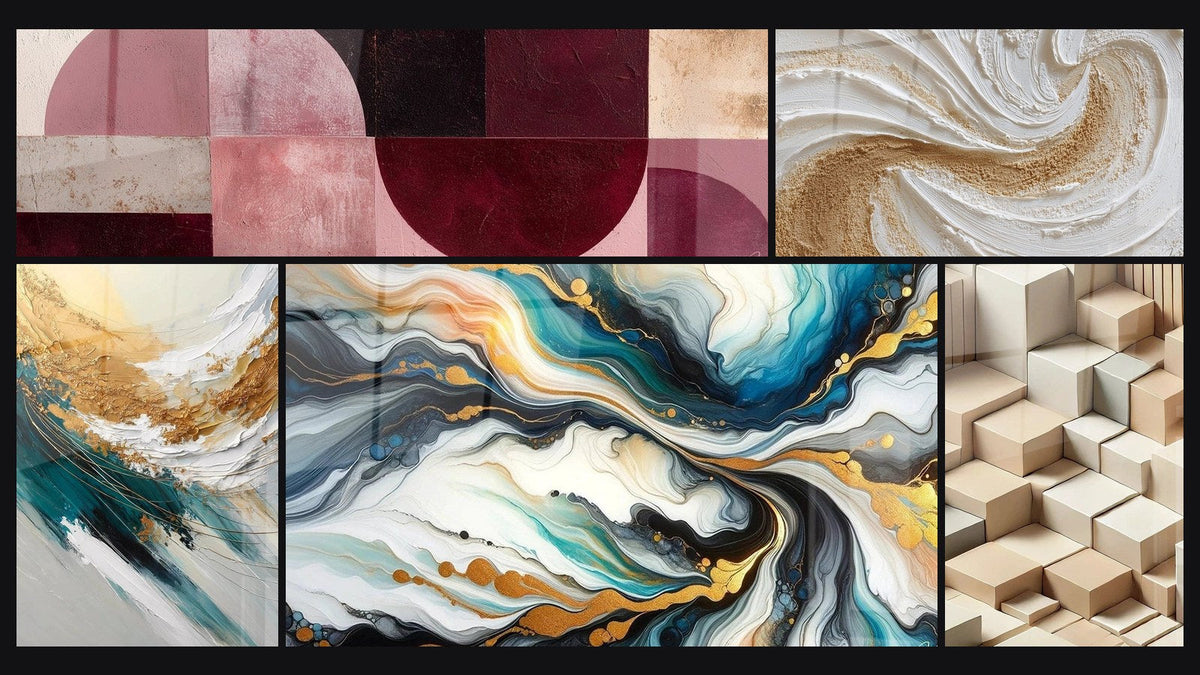 Mosaic of five paintings, including Golden Crest and Foam, Colorful Currents and Minimalism Sculpted