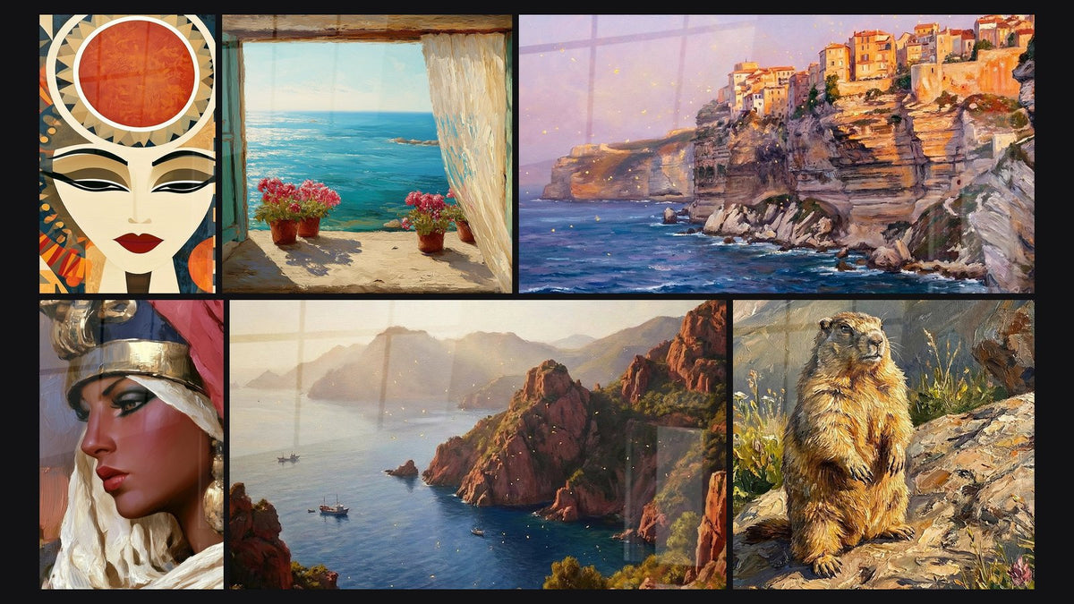 Mosaic of six paintings, including Mediterranean Window, Rocky Mediterranean Coast and Bonifacio Cliffs