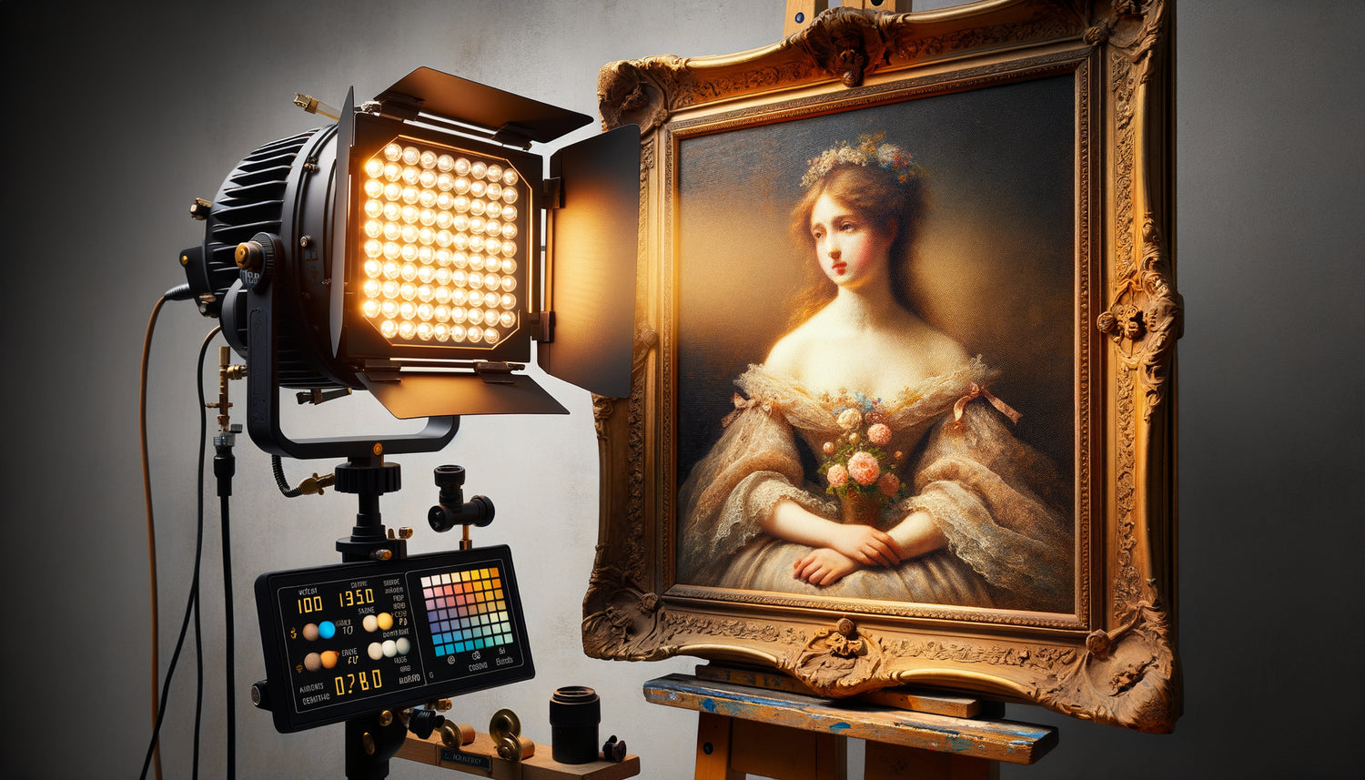 Tableau ancien vintage éclairé par spot LED muséal préservant les pigments délicats et couleurs d'origine