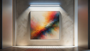 Tableau contemporain éclairé par LED linéaire montrant l'influence de la température de couleur sur le rendu des pigments