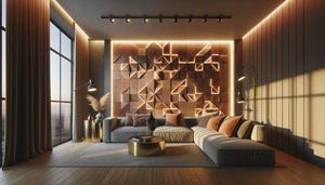 Mur décoratif texturé dans un Airbnb moderne avec éclairage architectural professionnel créant une ambiance chaleureuse