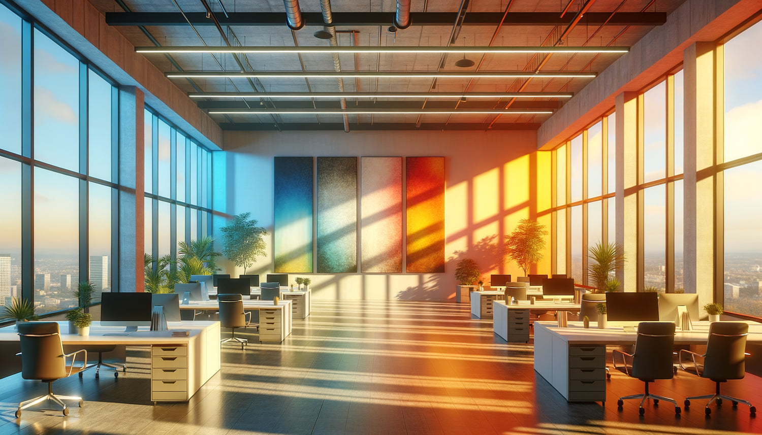 Espace de coworking moderne avec lumière naturelle illuminant des tableaux muraux, démonstration de l'effet de l'éclairage sur la perception des couleurs