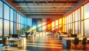 Espace de coworking moderne avec lumière naturelle illuminant des tableaux muraux, démonstration de l'effet de l'éclairage sur la perception des couleurs