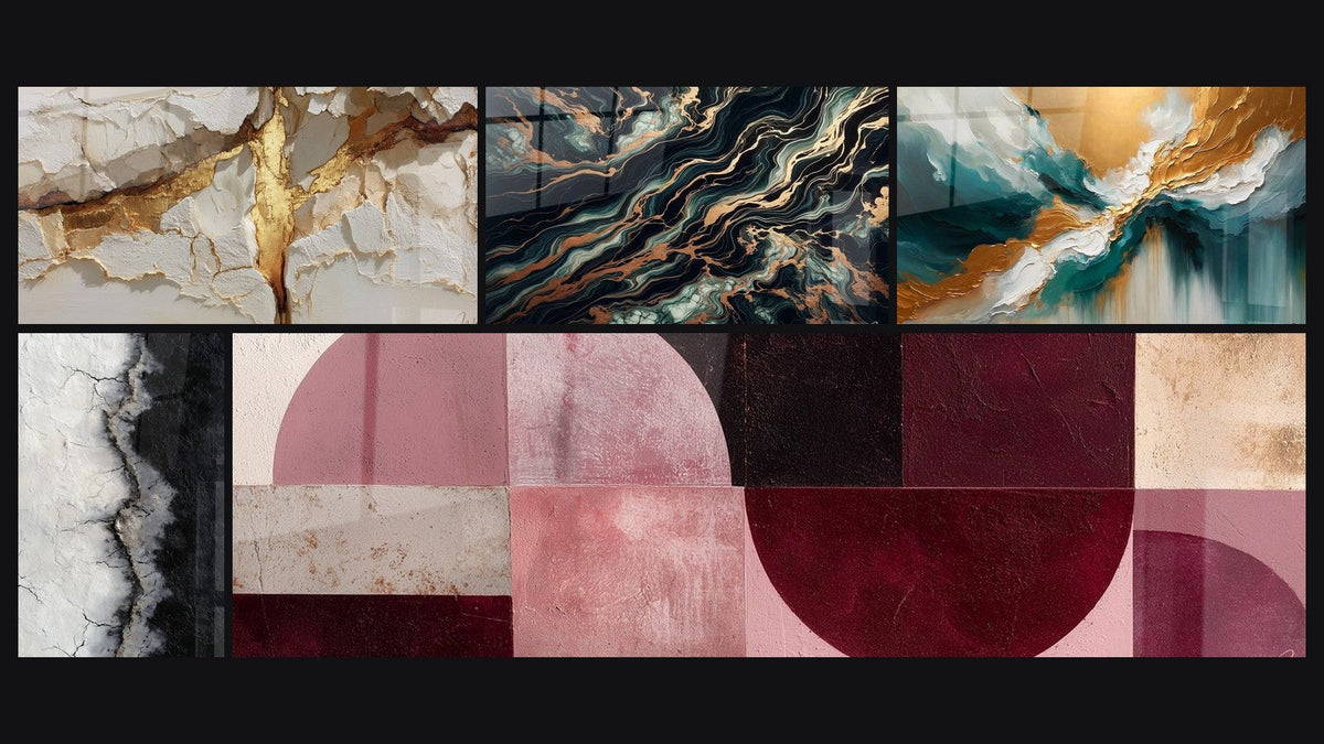 Mosaic of five paintings, including Aurifer Flow and Abyss Light Abstract