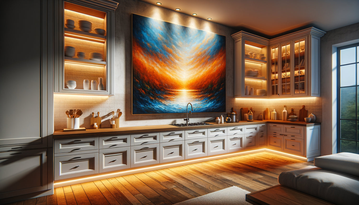 Tableau contemporain illuminé par éclairage LED sous-meuble révélant nuances de couleurs transformées par température lumineuse