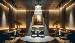 Tableau mural de restaurant mis en valeur par un éclairage ciblé discret créant une ambiance sophistiquée
