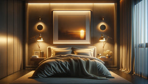 Tableau en chambre éclairé par une lampe LED chaude à intensité modérée créant une ambiance apaisante pour le sommeil
