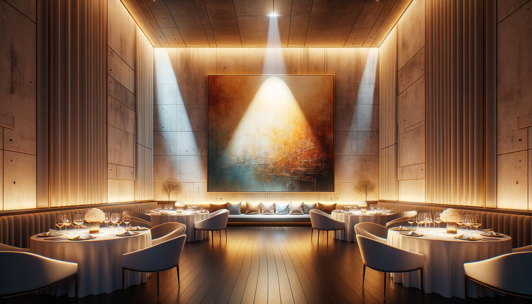 Tableau mural dans restaurant étoilé illuminé par spot professionnel à 30 degrés avec éclairage chaud muséal