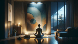 Séance de yoga nocturne avec tableau éclairé par spot créant ambiance contemplative douce