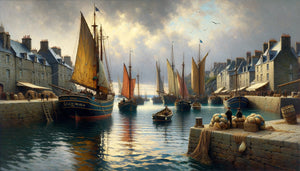 Peinture marine de l'École de Concarneau fin 19ème siècle, bateaux bretons sous lumière atlantique authentique