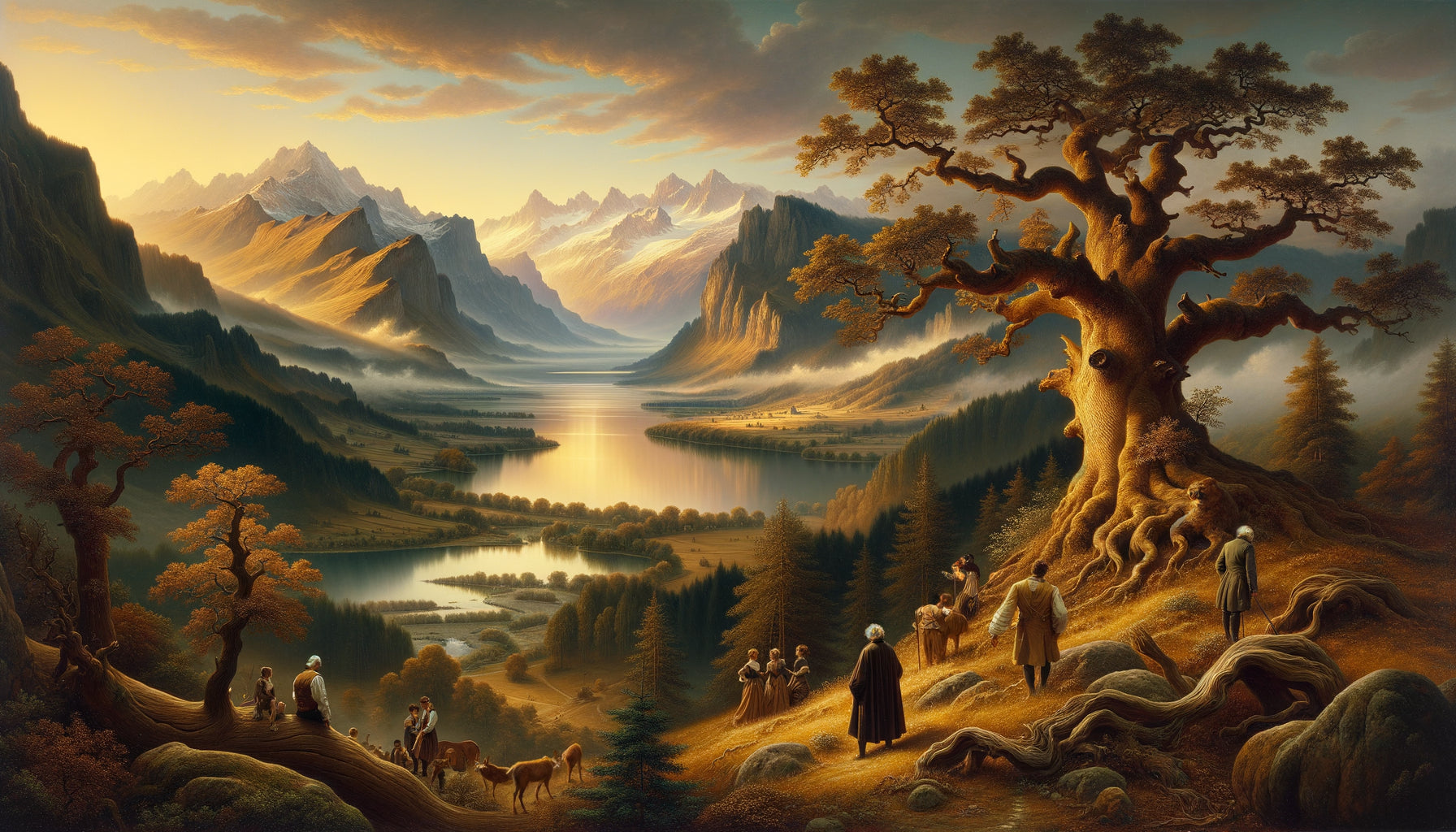 Paysage idéalisé de l'école de Düsseldorf années 1850, nature sublimée avec composition académique parfaite, style romantique allemand