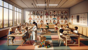 Classe inclusive moderne avec enfants pratiquant des activités non-genrées et tableaux représentant des modèles diversifiés