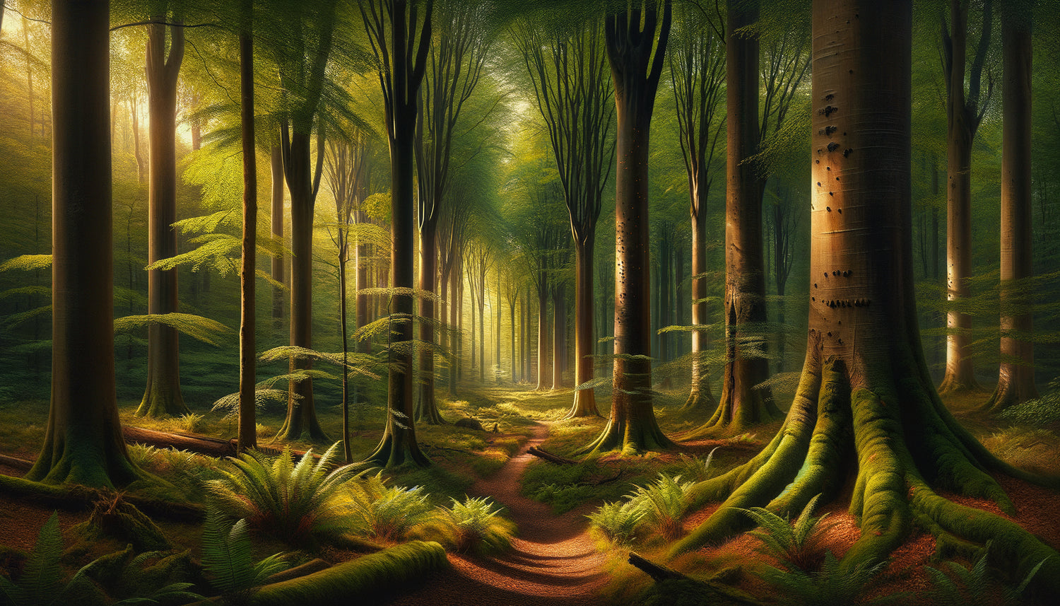 Peinture naturaliste de l'École de Tervuren représentant l'intérieur dense de la forêt de Soignes avec hêtres majestueux et lumière tamisée