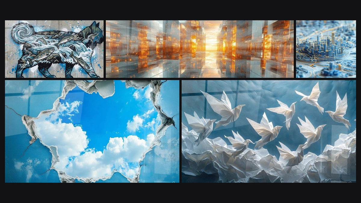 Mosaico di cinque quadri, tra cui Chat Acquatico, Cielo Finestra celeste e Metropoli anima di rame