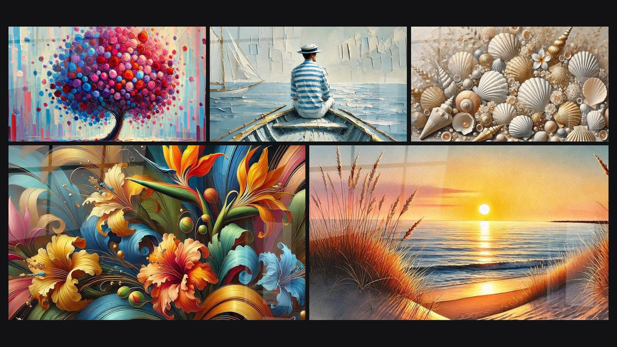 Mosaic of five paintings, including Joy Tree, Botanical Rhapsody and The Art of Water