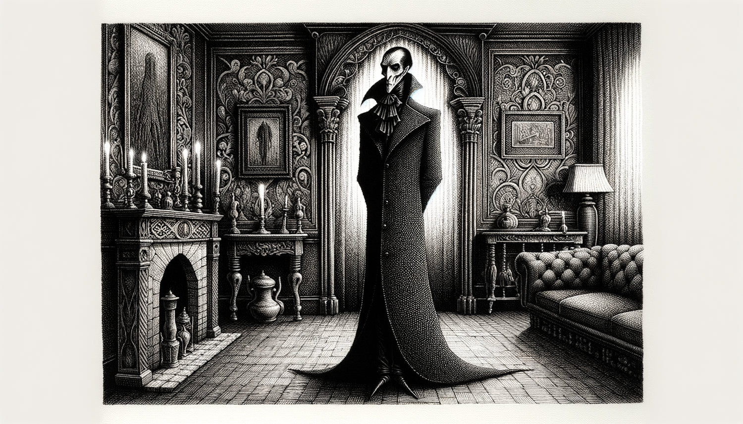 Illustration à la plume dans le style d'Edward Gorey avec hachures obsessionnelles, personnage élancé victorien et atmosphère macabre élégante