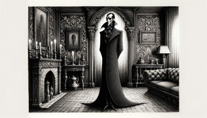 Illustration à la plume dans le style d'Edward Gorey avec hachures obsessionnelles, personnage élancé victorien et atmosphère macabre élégante