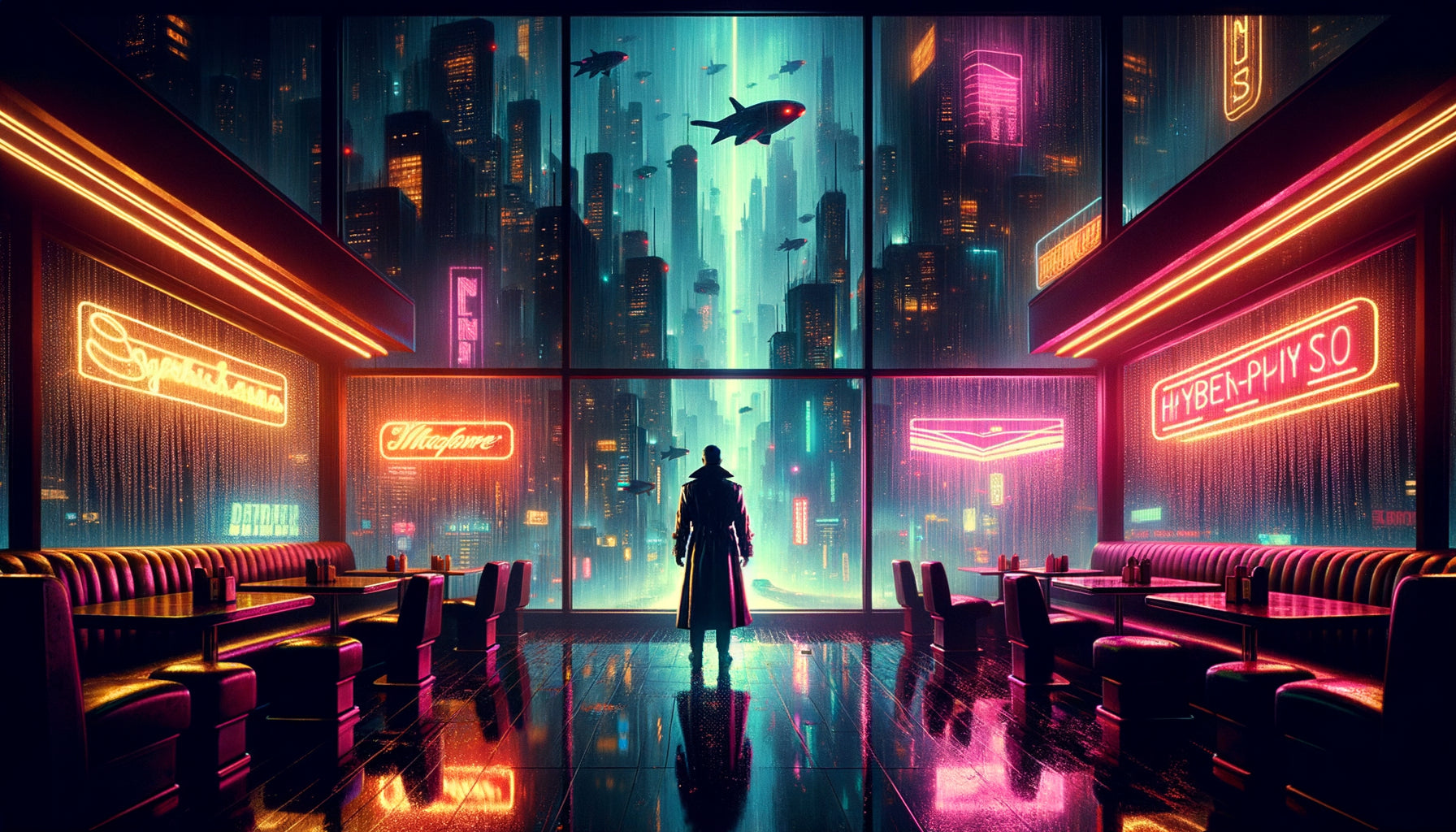 Scène cyberpunk dans le style pictural d'Edward Hopper : solitude urbaine nocturne, néons dramatiques et architecture géométrique inspirant Blade Runner