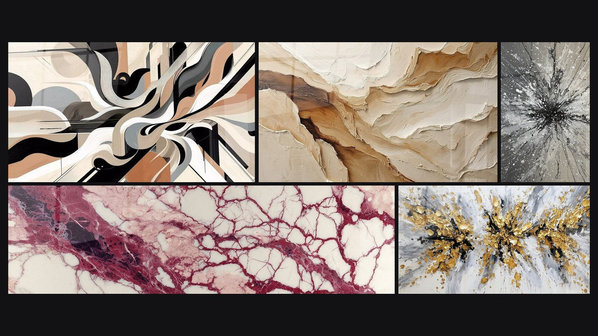 Mosaico di cinque quadri, tra cui Vibrazioni Grafiche, Astratto Beige e Terra e Venature porpora e crema su fondo ecru