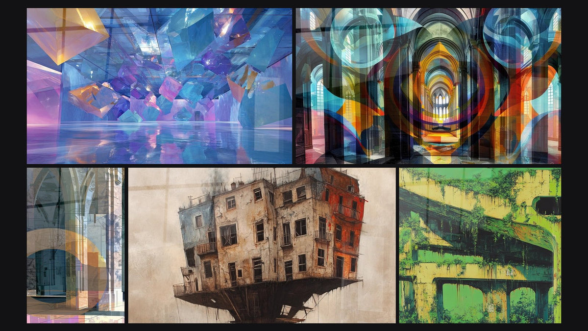 Mosaico di cinque quadri, tra cui Cristalli Architettura Futuristica, Architettura moderna astratta di e Edificio Sospeso