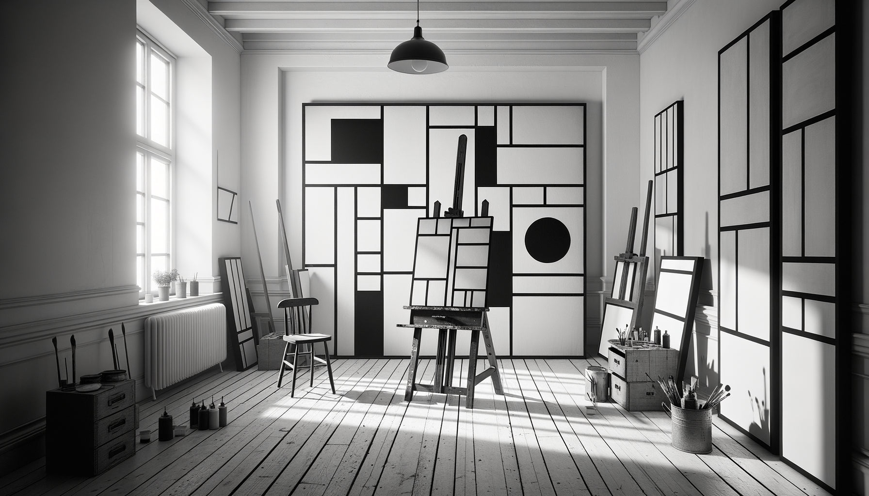 Atelier parisien années 1950 avec panneaux géométriques noirs et blancs d'Ellsworth Kelly, minimalisme radical et abstraction pure