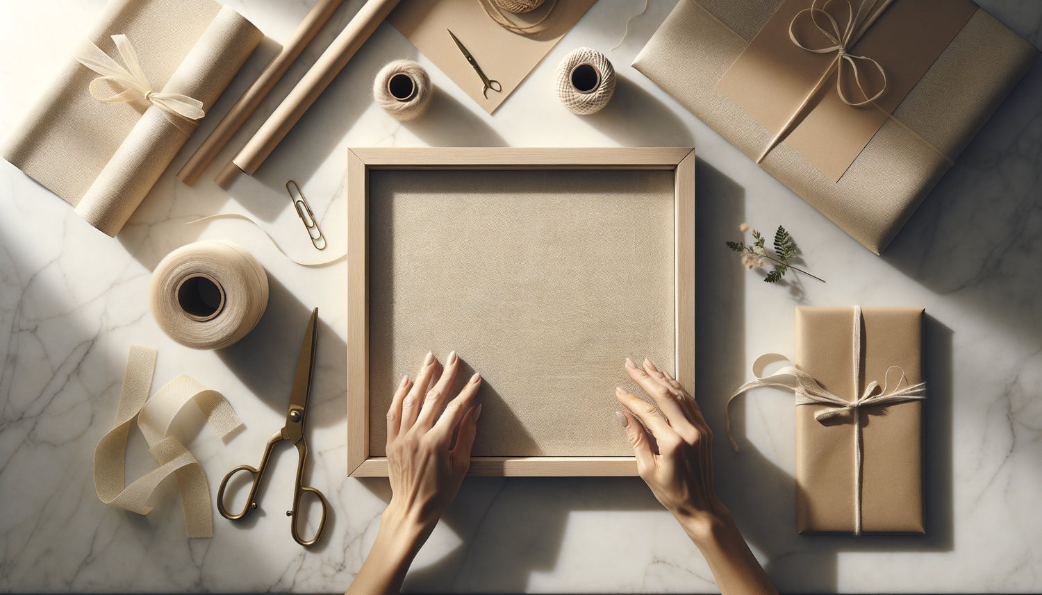 Emballage élégant d'un tableau encadré avec papier texturé beige et ruban naturel, vue du dessus