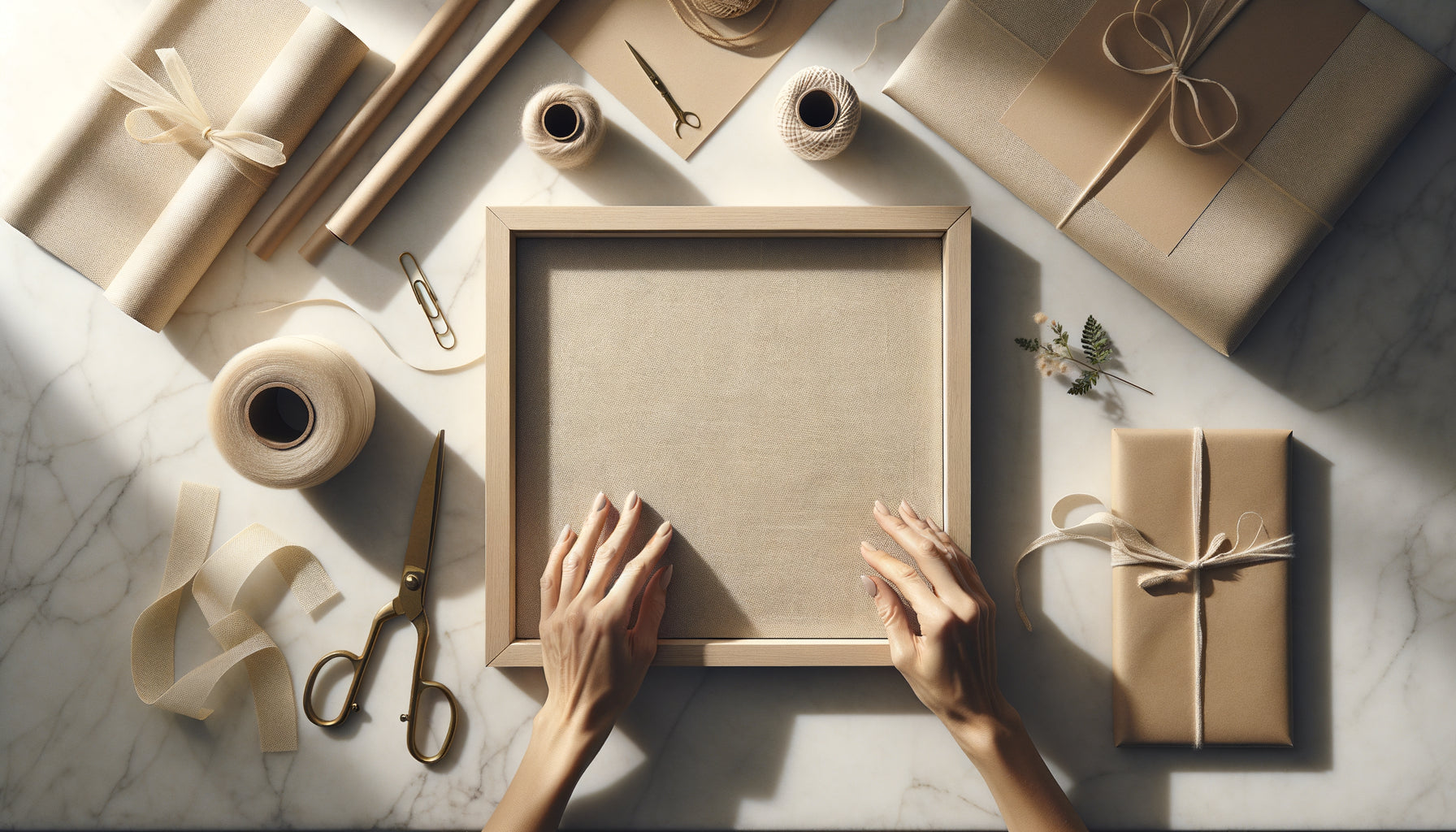 Emballage élégant d'un tableau encadré avec papier texturé beige et ruban naturel, vue du dessus