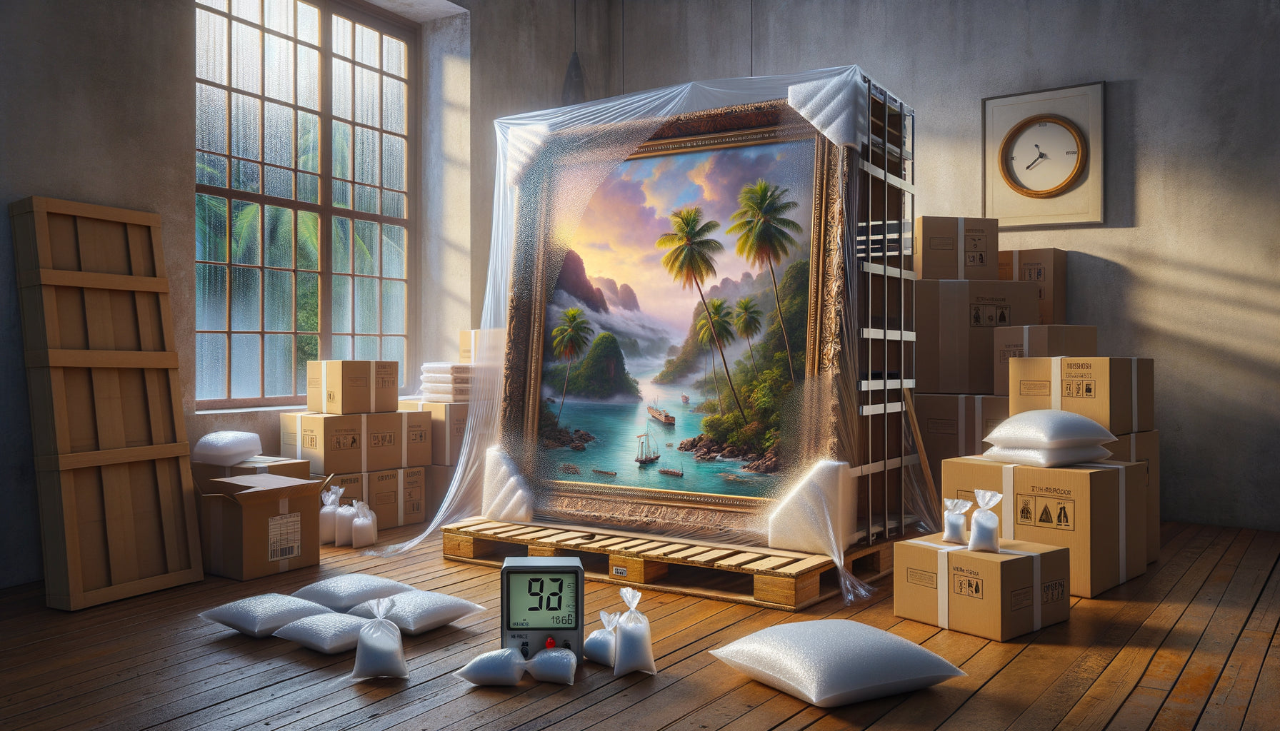 Emballage professionnel hermétique d'un tableau avec protection anti-humidité multicouche pour expédition en climat tropical