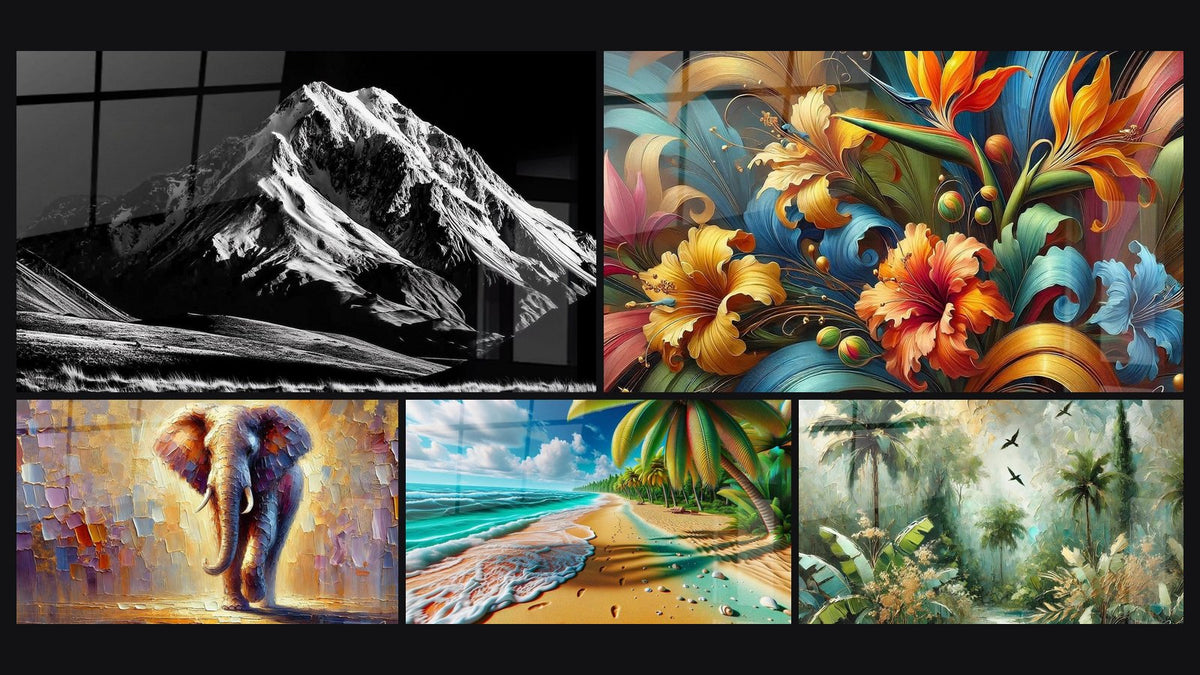 Mosaic of five paintings, including Snow-Covered Volcano, Light Colossus and Serenade of Palms by the Sea Landscape