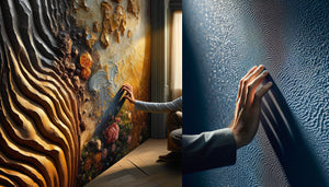 Contraste entre empâtements texturés épais et surface lisse sur mur de couloir, éclairage tactile dramatique