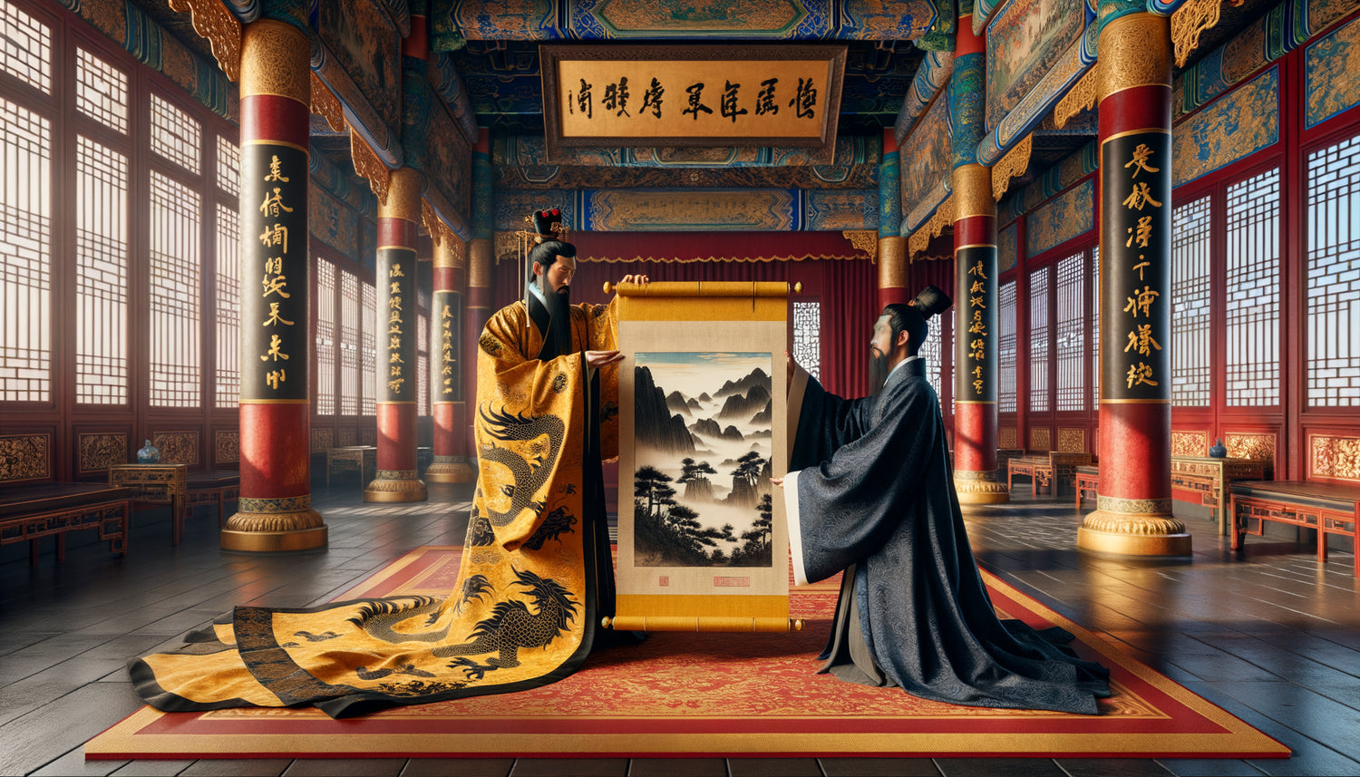 Empereur chinois de la dynastie Ming offrant une peinture de lettré à l'encre comme récompense honorifique à un lettré
