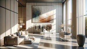 Showroom de mode contemporain avec tableau mural abstrait positionné stratégiquement au-dessus d'un portant de vêtements design