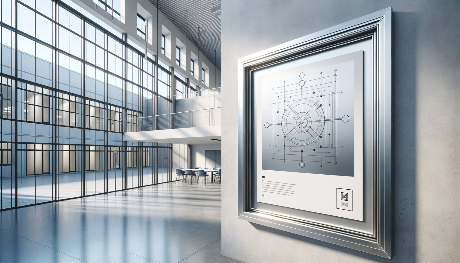 Encadrement en aluminium brossé moderne fixé au mur d'un lycée contemporain avec éclairage naturel