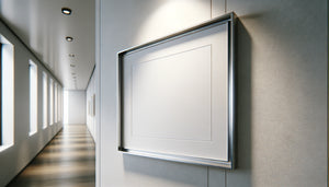 Cadre léger en aluminium brossé monté sur cloison placo dans couloir contemporain avec système d'accrochage flottant