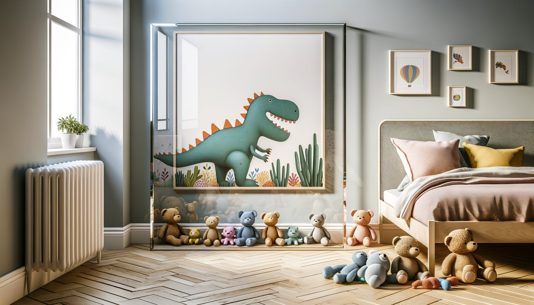 Cadre en plexiglas avec illustration de dinosaure sur mur de chambre d'enfant, peluches au sol